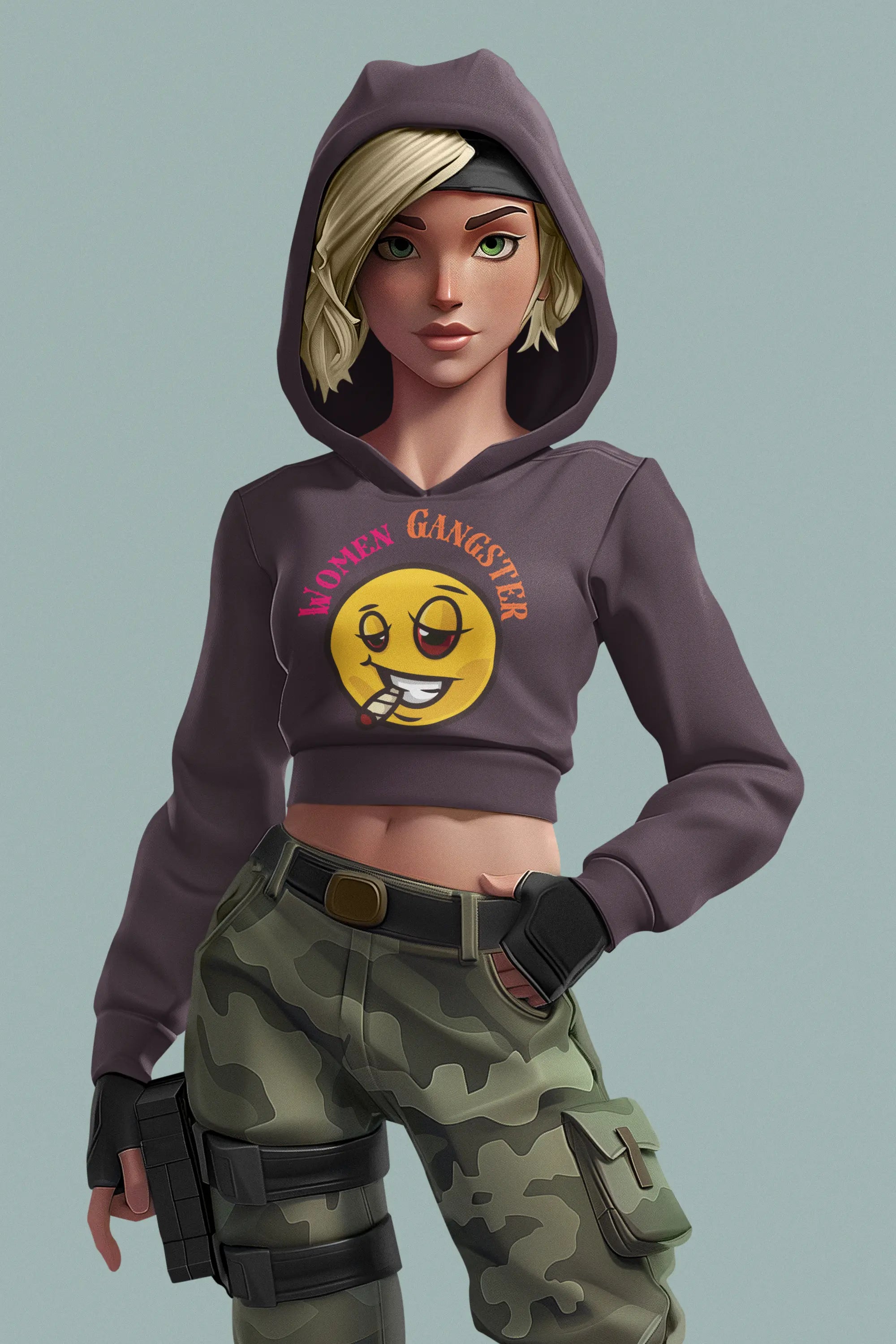 Non AOP Women Gangsterette Smiley Crop Hoodie