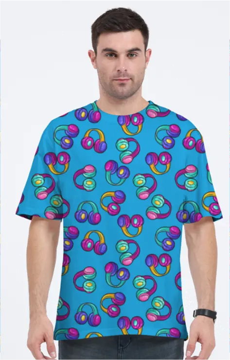 AOP Men Headphone Pattern Oversized Tshirt